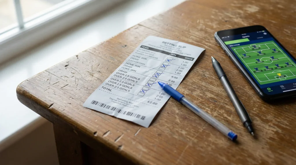 Boleto de apuestas de fútbol con varias selecciones marcadas sobre una mesa junto a un bolígrafo