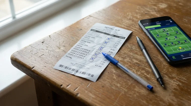 Boleto de apuestas de fútbol con varias selecciones marcadas sobre una mesa junto a un bolígrafo