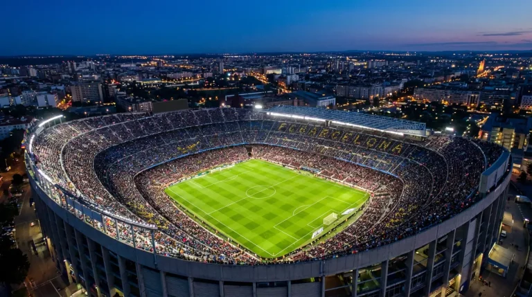 Vista aérea de un estadio de fútbol europeo iluminado de noche con las gradas llenas de aficionados