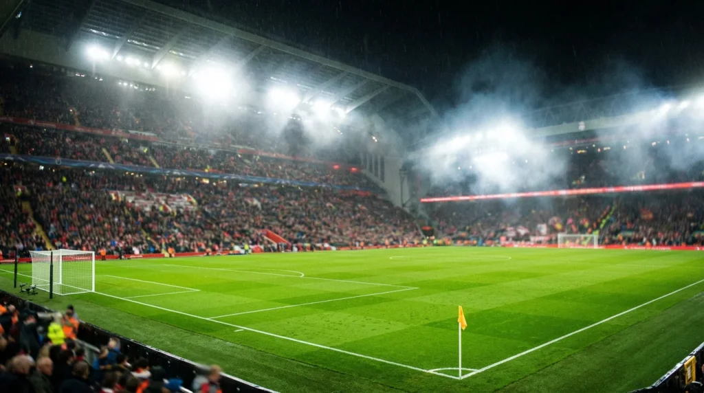 Campo de fútbol con césped verde intenso visto desde la grada de un estadio de la Premier League