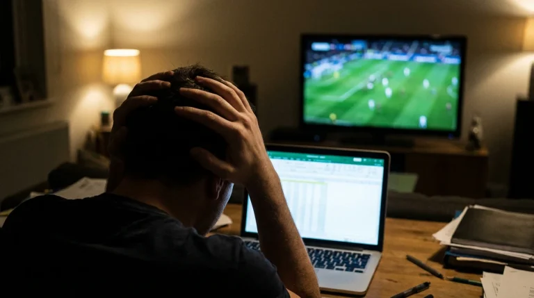 Persona frente a un portátil con expresión de frustración durante un partido de fútbol en televisión