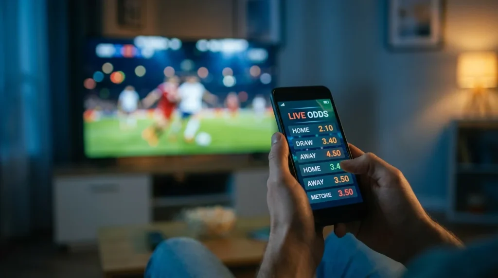 Persona mirando un partido de fútbol en vivo en el móvil con cuotas cambiantes en la pantalla