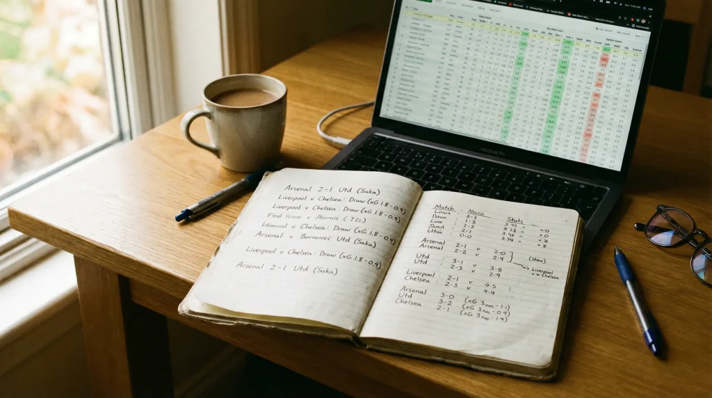 Libreta con pronósticos de fútbol escritos a mano junto a un portátil con datos estadísticos